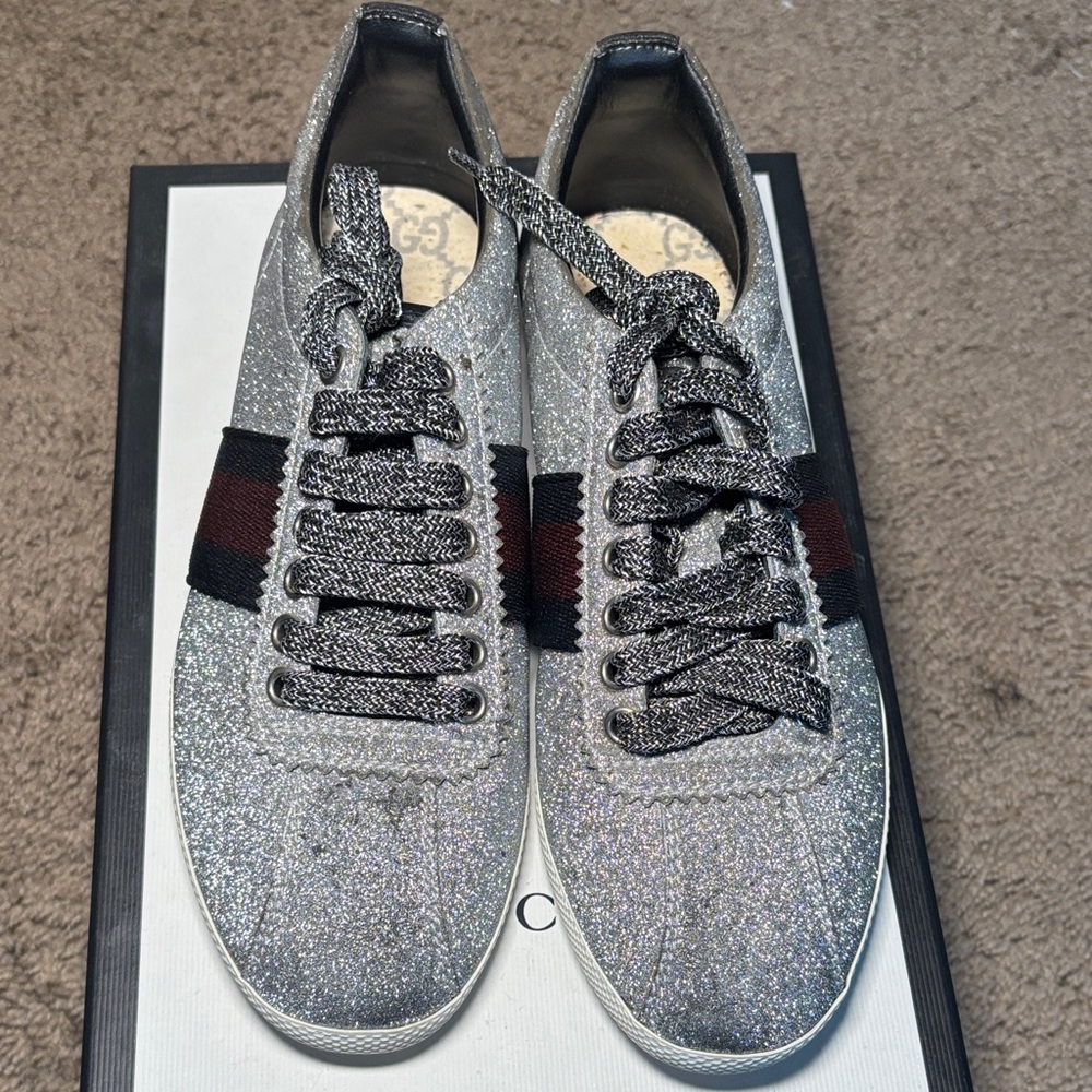 Gucci Woman’s Silver Glitter Sneakers with Navy Blue and Red Stripes